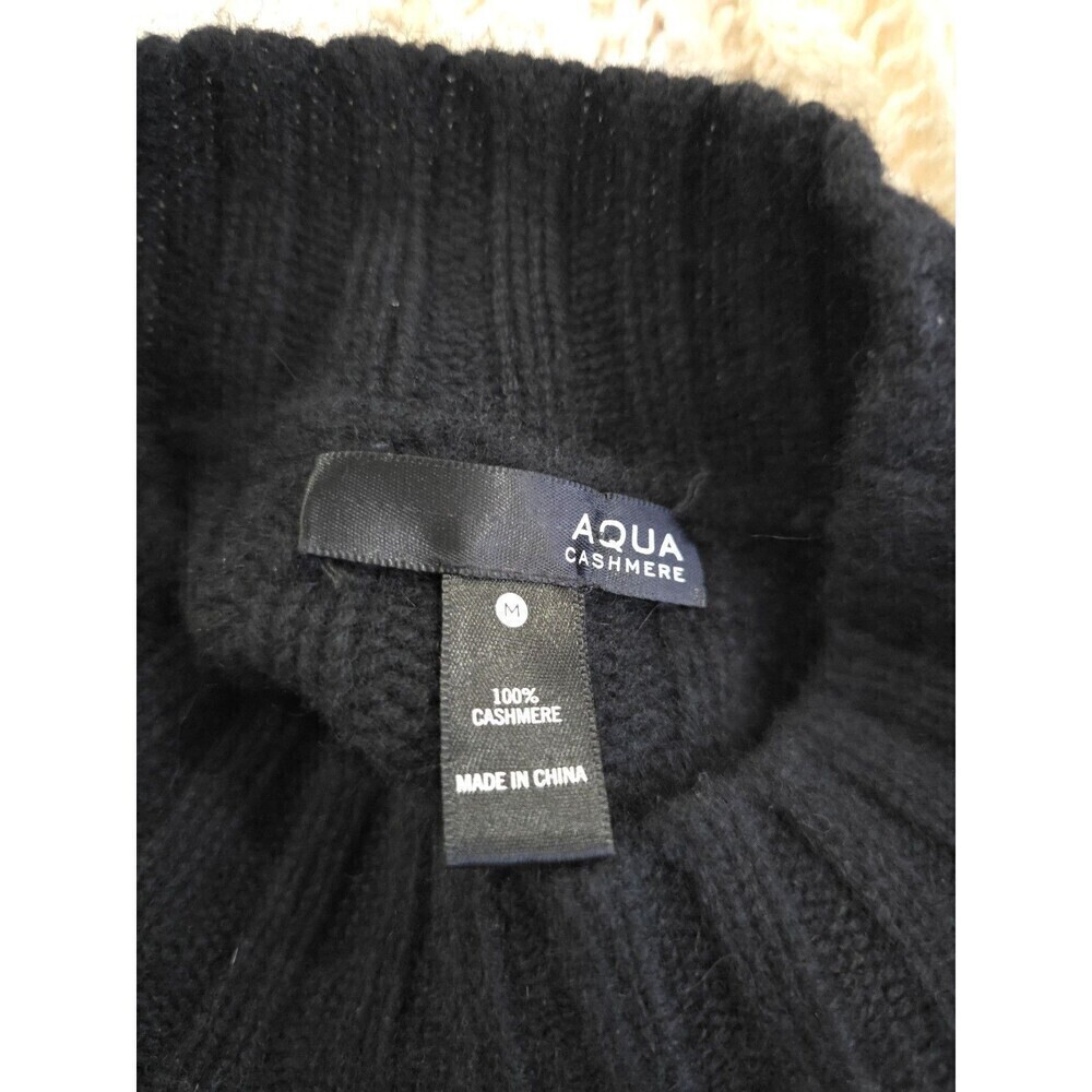 AQUA Cashmere Black Cream Colorblock Cable Knit Turtleneck Sweater Medium - Picture 8 of 10